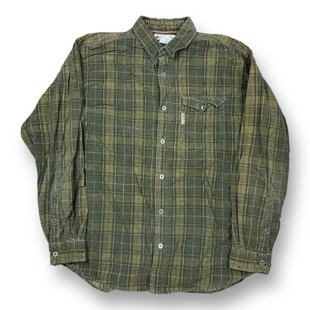 Vintage Columbia Sportswear Green Plaid Corduroy Button Front Shirt Sz Large